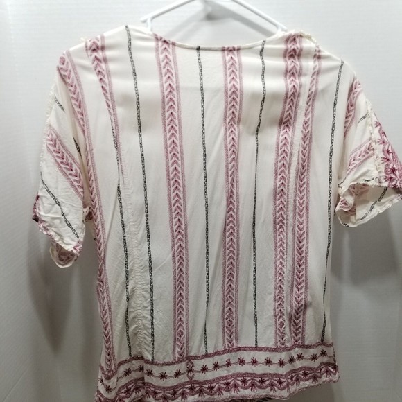 Women's Blouse Kori America Size Small Cream and Red Open Back Cold Shoulder - Picture 3 of 13